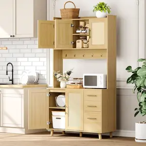 Rattan Pantry Cabinet  71in Kitchen Pantry with Microwave Stand  Freestanding Hutch with Drawers  Doors and Hooks  Boho Storage Cabinet for Dining Room  Kitchen  Living Room Natural