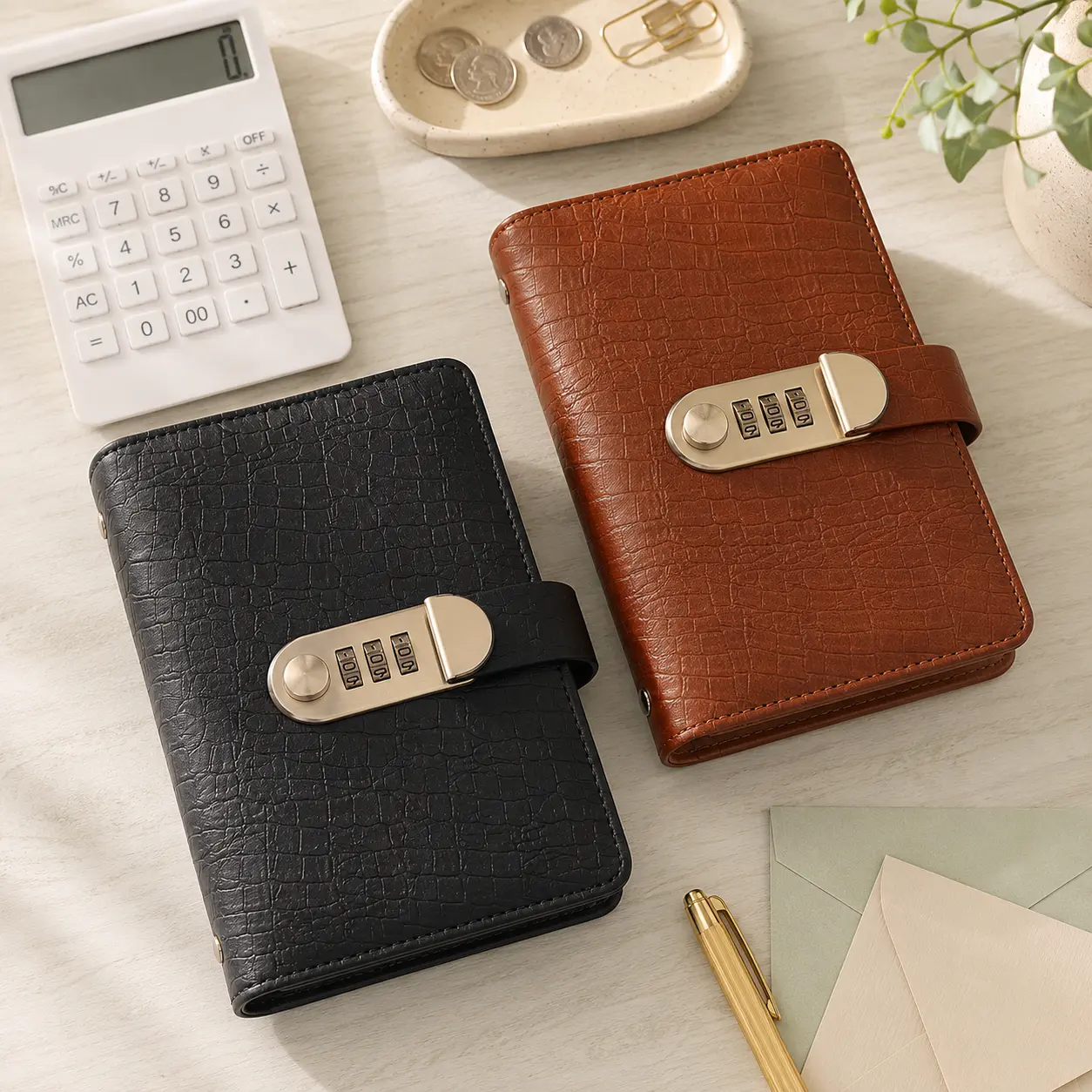 Compact Cash Stuffing Binder with 3-Digit Combination Lock - Vintage Crocodile-Textured PU Cover, 100-Page A6 Budget Financial Planner, Personal Organiser Planner, Savings Tracker Organizer for Cash Savings Challenges, Home & Party Gift Supplies