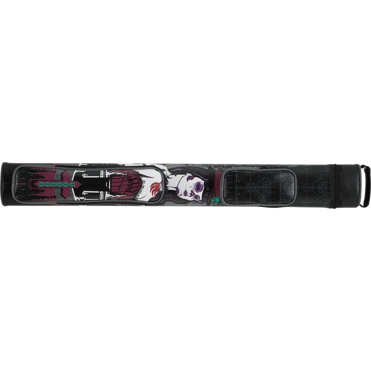 212 MAIN Vinyl Oval-Shape Hard Pool Cue Case, 2 Butts x 2 Shafts Capacity, Black, with Voodoo Logos, Hard Protective Design