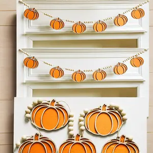 1Pc, Halloween Pumpkin Wreath Banner, Bead Rope, Wooden Autumn Decoration, Thanksgiving Harvest Party & Home Wall Decor, Fall Holiday Room Decor
