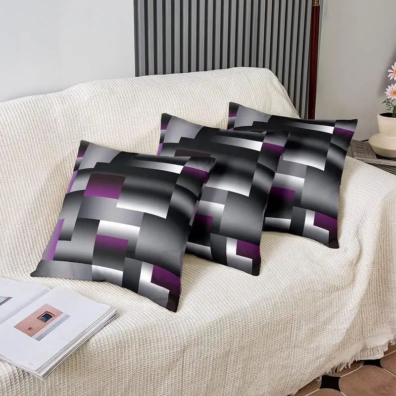Set of 4 Geometric Throw Pillow Covers,Purple Grey Black Cushion Case,Reversible Stripe Line Plaid Art Throw Cushion Case