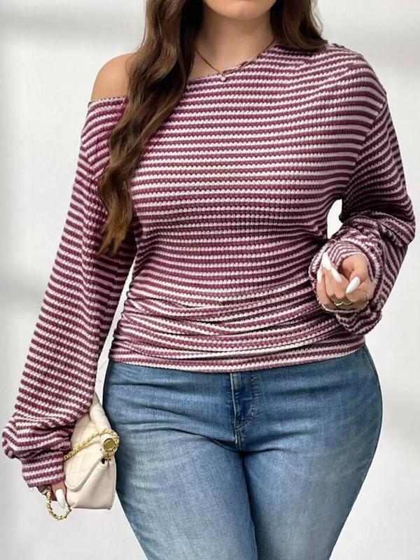 【Plus Size】1 Piece Women's Beige & White Striped Cold Shoulder Long Sleeve Crop Top, Y2K Aesthetic Street Style, Waffle Knit Fabric & Slim Fit, Ruffled Cuff Detail, For Fashion-Forward Women, Perfect for Streetwear, Casual Outings & TikTok Trendy Looks