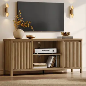 SICOTAS Fluted TV Stand for 55 65 inch TV - Large TV Consoles for Living Room Bedroom, Mid Century Modern Entertainment Center with Storage Cabinet, Wooden Television Stands Media Console