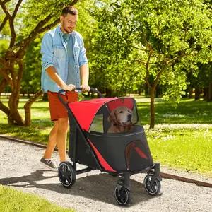 Dog Stroller for Large Medium Small Dogs Red One Click Foldable Pet Cat Stroller Shock Absorption Wheels Mesh Window for Park Walk Shopping Trip