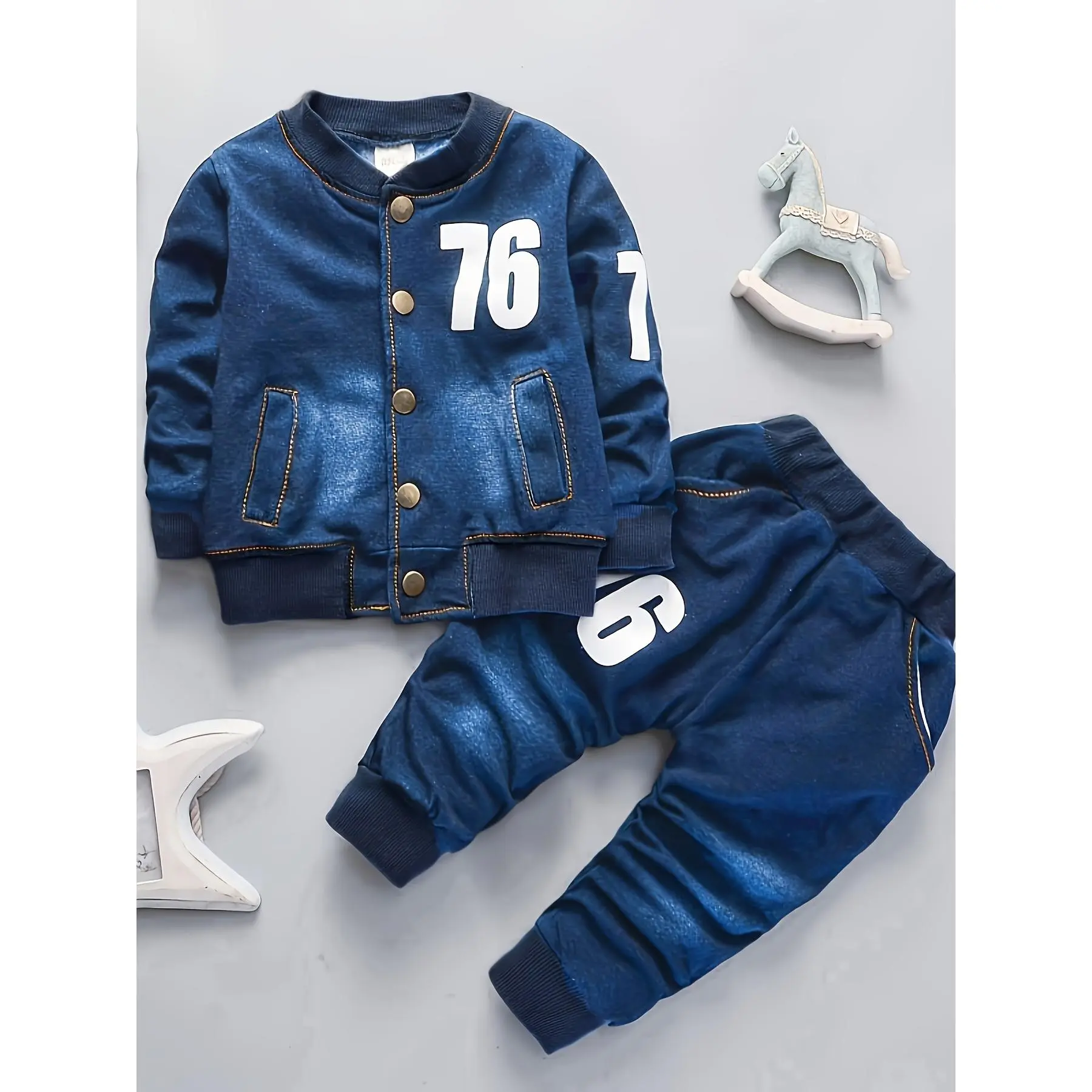 Autumn Boy Casual Fashion Baseball Collar 76 Cowboy Digital Printing Two-piece Spring Boy Baby Denim Trousers Suit Perfect for Outdoor Outfit