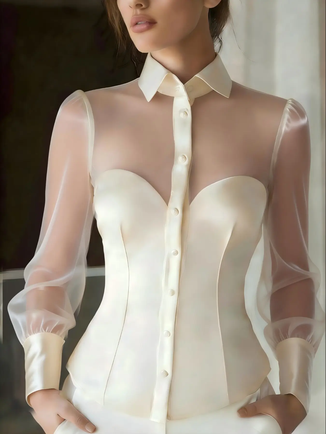 Elegant Chic Mesh Patchwork Blouse, Stand Collar Lantern Sleeve Top, High-End Waist Cinching Shirt, Casual Commuter Everyday Wear, Fashionable Versatile Design, Long Sleeve, Casual Fashion Fitted, Style, Casual Classy Elegant, Womenswear, Blouses Shirts