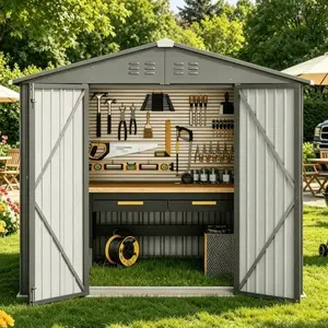 【2 Packages Shipping】Gizoon Outdoor Storage Shed 8 x 6 FT, Galvanized Metal Garden Shed with Double Lockable Doors, Outdoor Storage Clearance for Backyard Patio Lawn-Dark Grey