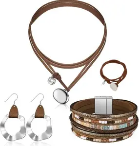 4 Pcs Western Jewelry for Women Bohemian Set,Including Boho Pendant Long Choker,Faux Leather Layered Bracelet,Dangle Earrings,Christmas Party Gifts,Hand Tools Kits