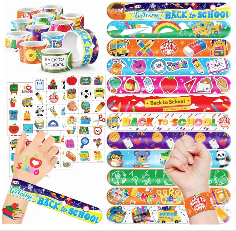 144 PCS Back to school Party Favors - 72 Temporary Pre-Cut Tattoos & 72 Slap Bracelets - Perfect for Themed Parties, Baby Showers, Classroom Rewards & Gifts for Kids