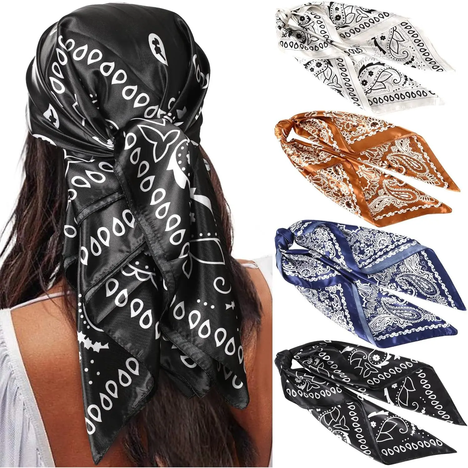 35” Satin Large Square Head Scarves - 4PCS Silk Like Neck Scarf Hair Sleeping Wraps Satin Silk Scarfs for Women