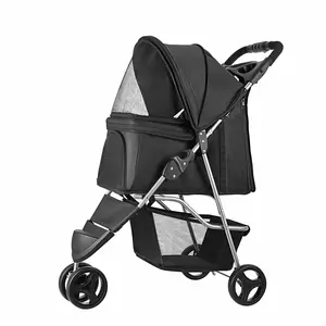 Foldable Pet Stroller with Weather Cover, 3 Wheels Pet Strolling Cart for Small/Medium Dogs and Cats with Storage Basket and Cup Holder, Breathable and Visible Mesh for All-Season, Black