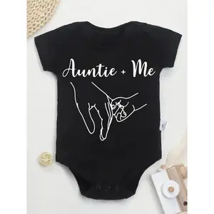 Cute Baby Bodysuit with Auntie Plus Me Hand Gesture Print Soft Versatile Round Neck Button Detail Regular Fit All Seasons Knitted Fabric Onesie for 0-12 Months