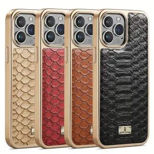 Luxury Red Python Pattern Faux Leather Phone Case, Gold Frame 360° Shockproof Cover, Premium Retro Design, Compatible with iPhone 11/12/13/14/15/16/17 Pro Max