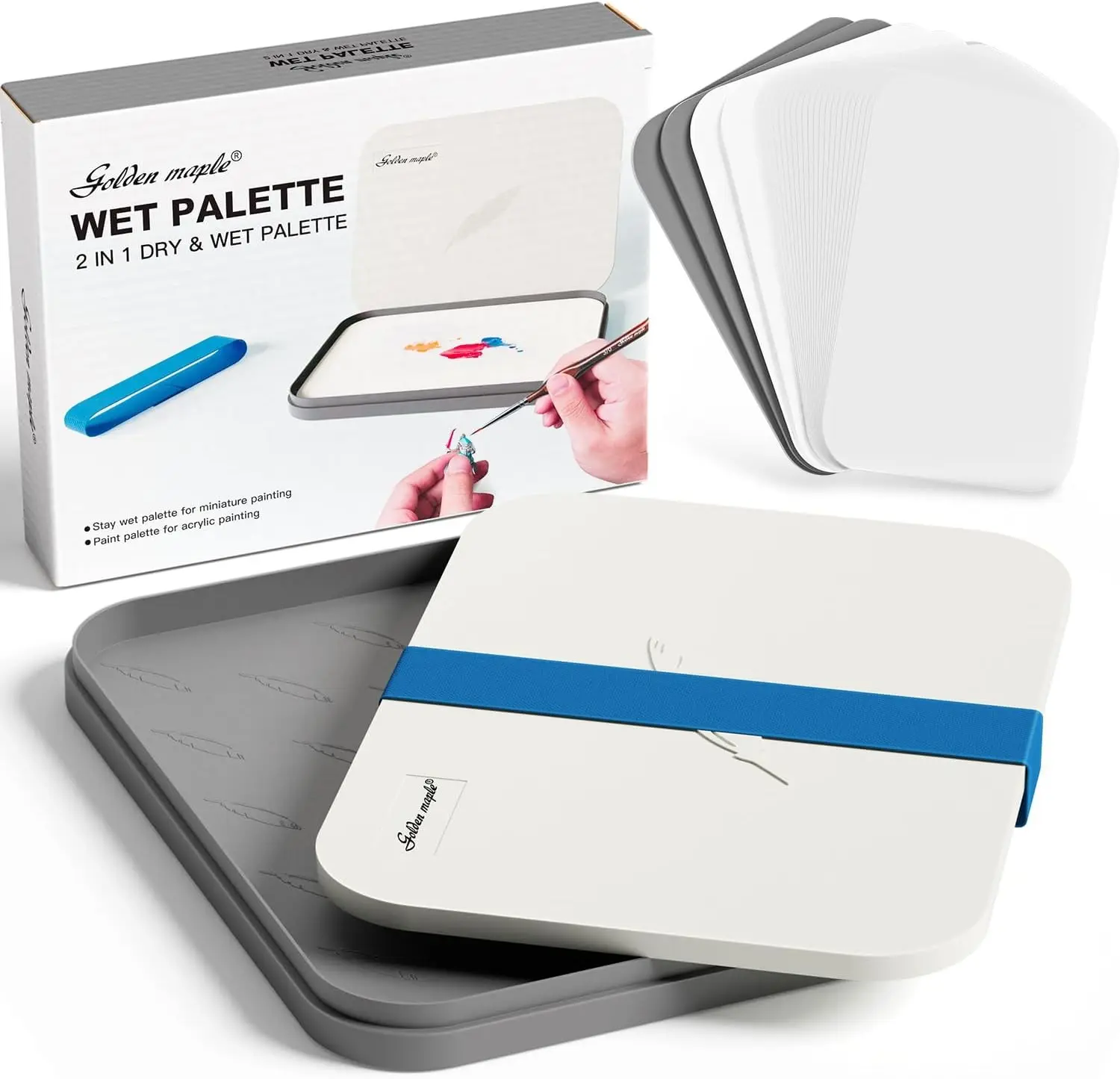 Wet Pallet for Painting Miniatures - Golden Maple 2 in 1 Dry and Wet Palette with Lid, Including 100PCS Palette Paper, 4PCS Sponges
