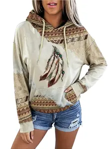 Women's Vintage Feather Print Geometric Patterns Hoodie,Western Ethnic Style Drop Shoulder Design Sweatshirt,Casual Womenswear for All Seasons Daily Outdoor Wear