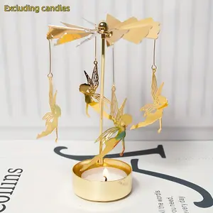 1Pc Golden Rotating Turntable Candlestick With Fairy Pattern, Thermal Rotation Metal Windmill Candle Holder, Elegant Desktop Decoration, Romantic Dinner Atmosphere Ornament, Creative Indoor Home Decor Souvenir (Excluding candles)