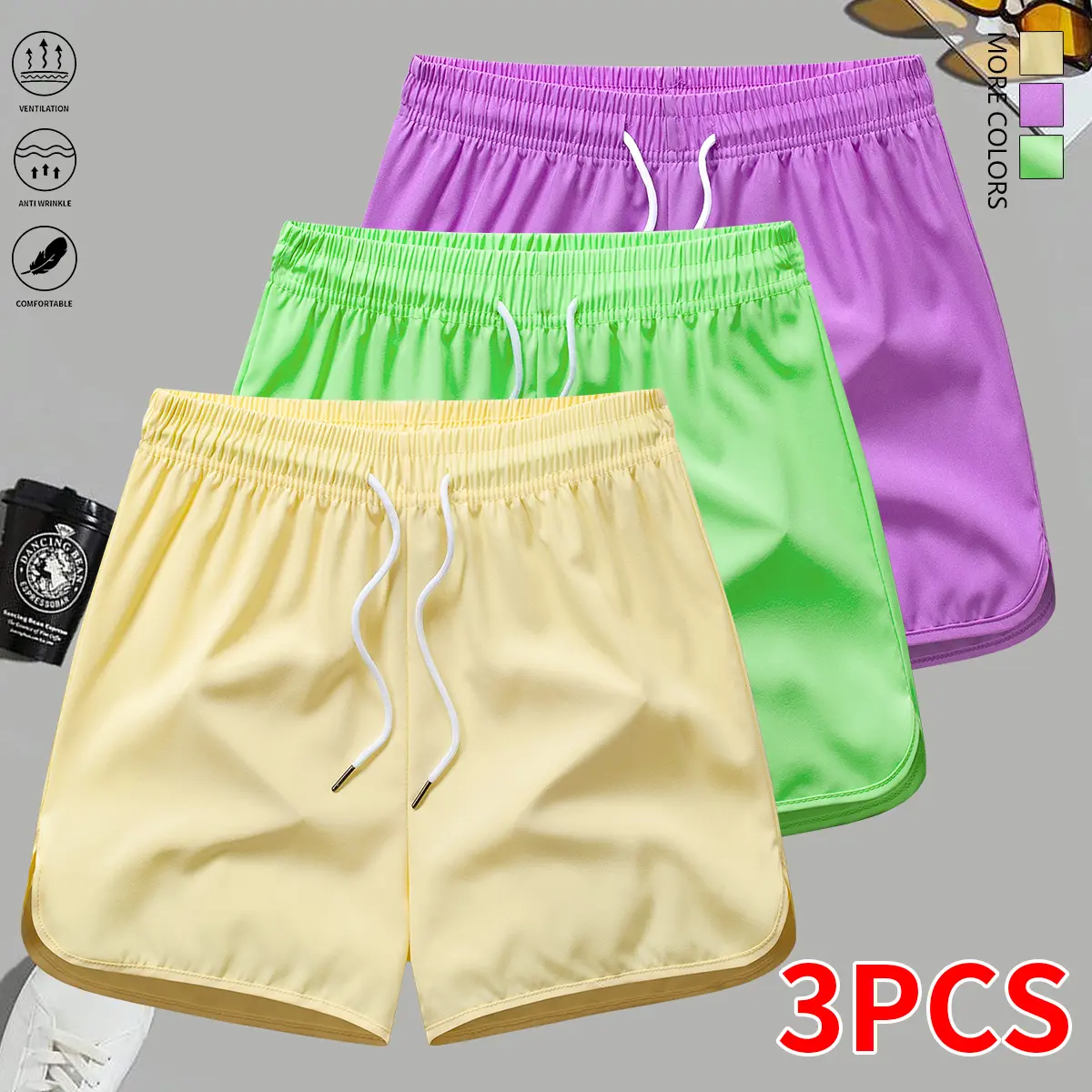 3-piece set: women’s athletic shorts with drawstring design and elastic waistband; suitable for sports and fitness; women’s shorts; summer clothing; womenswear