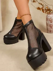 Classic Women's Mesh Leather Thick Sole High Heel Ankle Boots, Breathable Summer Fall Fashion Shoes, Stylish Women's Footwear