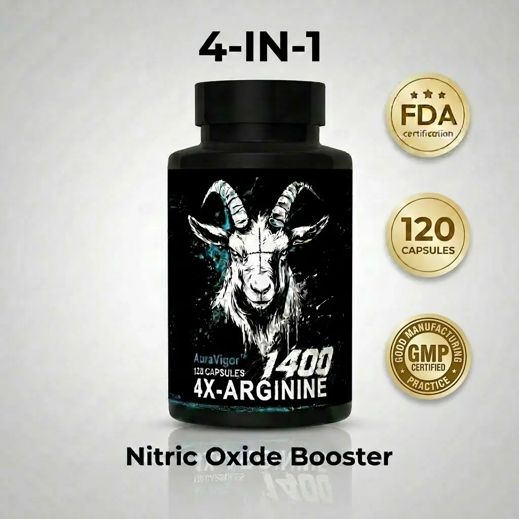 Auravigor 4-Arginine Blend Nitric Oxide Support Premium Nutrition Fitness Supplement - 1400mg Daily Dose, Enhanced Nutrient Absorption Formula, 120-Cap Supply - Gym Supplements for Adults, Blood Flow, Energy Boost Pre-Workout