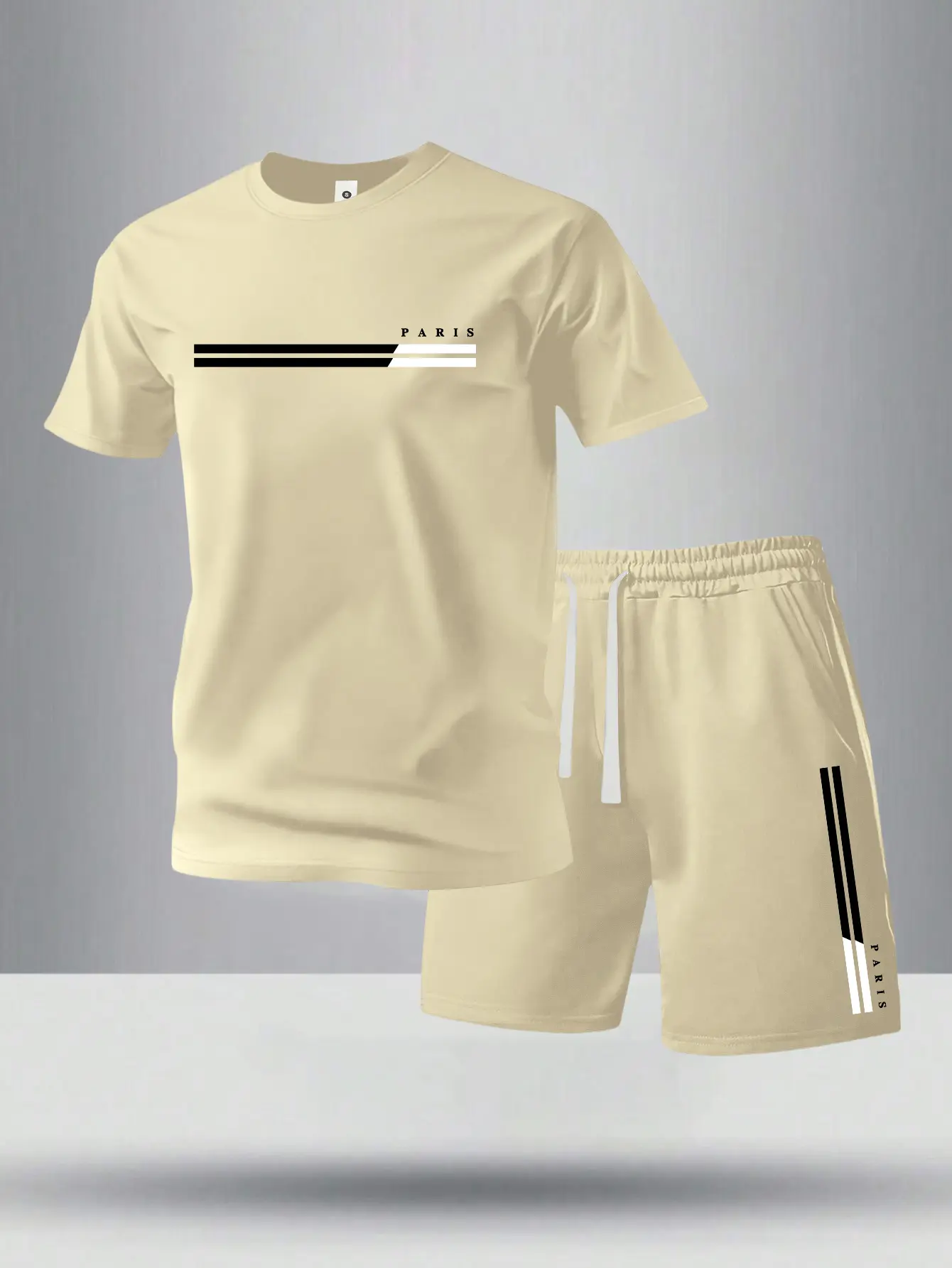 Men’s summer regular-fit cotton short-sleeve T-shirt and shorts set featuring a Paris letter print. Fashionable casual menswear for going out, with pocketed athletic elastic-waist drawstring shorts. Two-piece set suitable for running, golf, fishing, baske