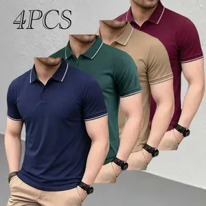 Men’s casual, refined short-sleeve polo shirt set of 4; bulk pack featuring a soft, fine fabric design with a white striped collar. Quick-drying and breathable, suitable for golf and tennis; comfortable riding apparel; fashionable men’s sportswear. Ideal