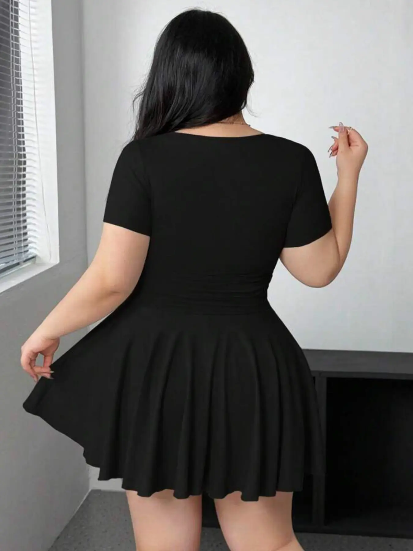 Plus-Size Womenswear Black Short Sleeve U-Neck Flared Mini Dress, Casual Style, Casual Wear, Feminine, Plus-Size Womenswear Black Short Sleeve U-Neck Flared Mini Dress, Casual Style, Casual Wear, Feminine,