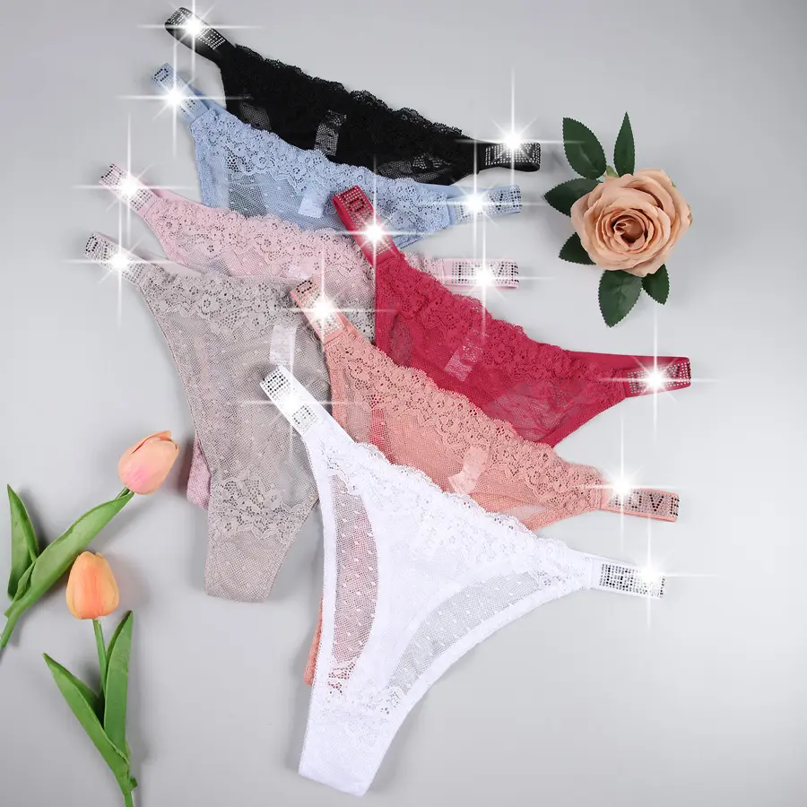 Women's 7-Pack Lace Thong Panties, Soft Lightweight Floral Fabric Underwear with Sparkly Rhinestone Waistband, Low-Rise T-Back Lingerie, Multi-Color Pack, Panty, Cute