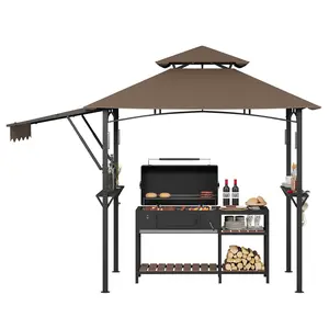 8×5 ft Outdoor Grill Gazebo, Grill Shelter w/ Side Awning Double‑Tier BBQ Canopy & 2 Side Shelves, 4 LED Lights, 10 Hooks & Bottle Opener for Patio, Backyard, Garden, Deck