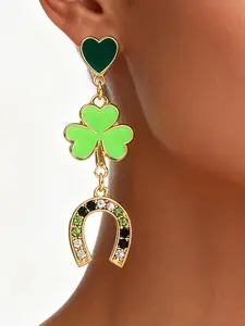 St Patrick's Day Lucky Clover Earrings, Fluorescent Enamel & Rhinestones, Fashionable Irish Carnival Jewelry Gift