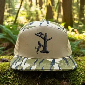 Coon Hunting Embroidered Trucker Hat - Raccoon and Treeing Dog Baseball Cap - Hunter Gift for Men - 7-Panel Flat Bill Mesh Back Hat