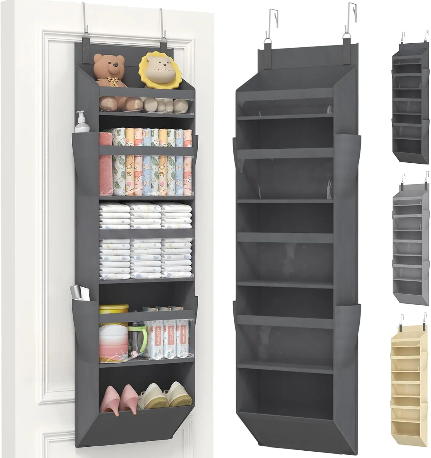 1 Pack Over the Door Organizer, 5 Section Clear Window Hanging Storage with 4 Side Pockets, Sturdy Anti Tilt 40 lbs Load Behind Door for Closet, Bedroom, Bathroom, Nursery, Dorm, Dark Gray