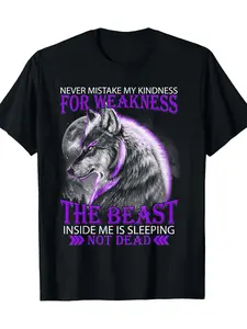 Men's White 3X Large Wolf & Beast Graphic T-Shirt - Fierce Glowing Purple Wolf & Slogan Print (Never Mistake My Kindness for Weakness) - Casual Round Neck Streetwear Shirt for Gym, Parties, Casual Attire - Statement Tee for Men