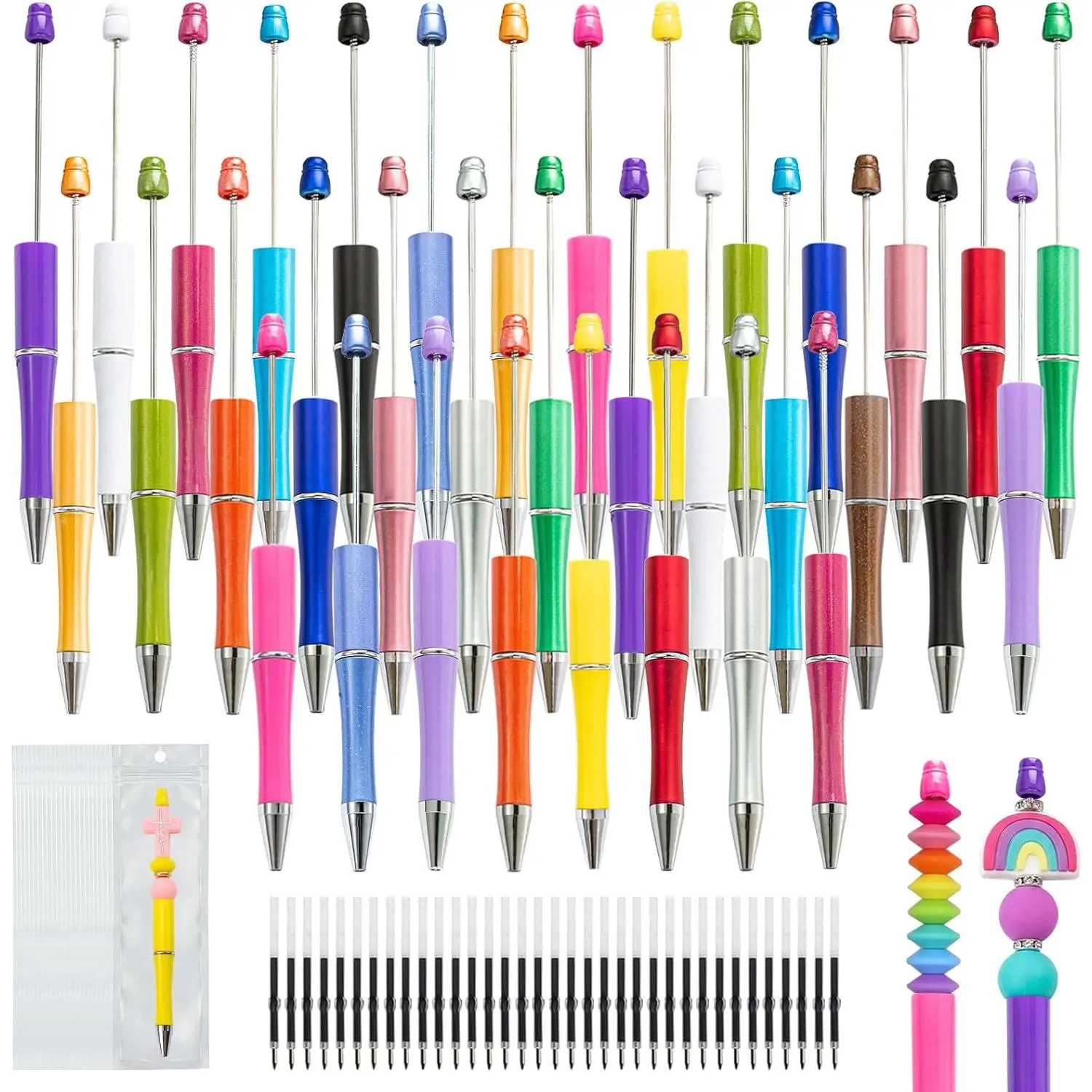 105 count Beadable Pens Bulk - 35 Plastic Ballpoint Pens for Beading with Refills & Bags, DIY Beaded Pens Kit, Craft Gifts for Teachers Adults,  for Office, School and Easter Day (Colorful)