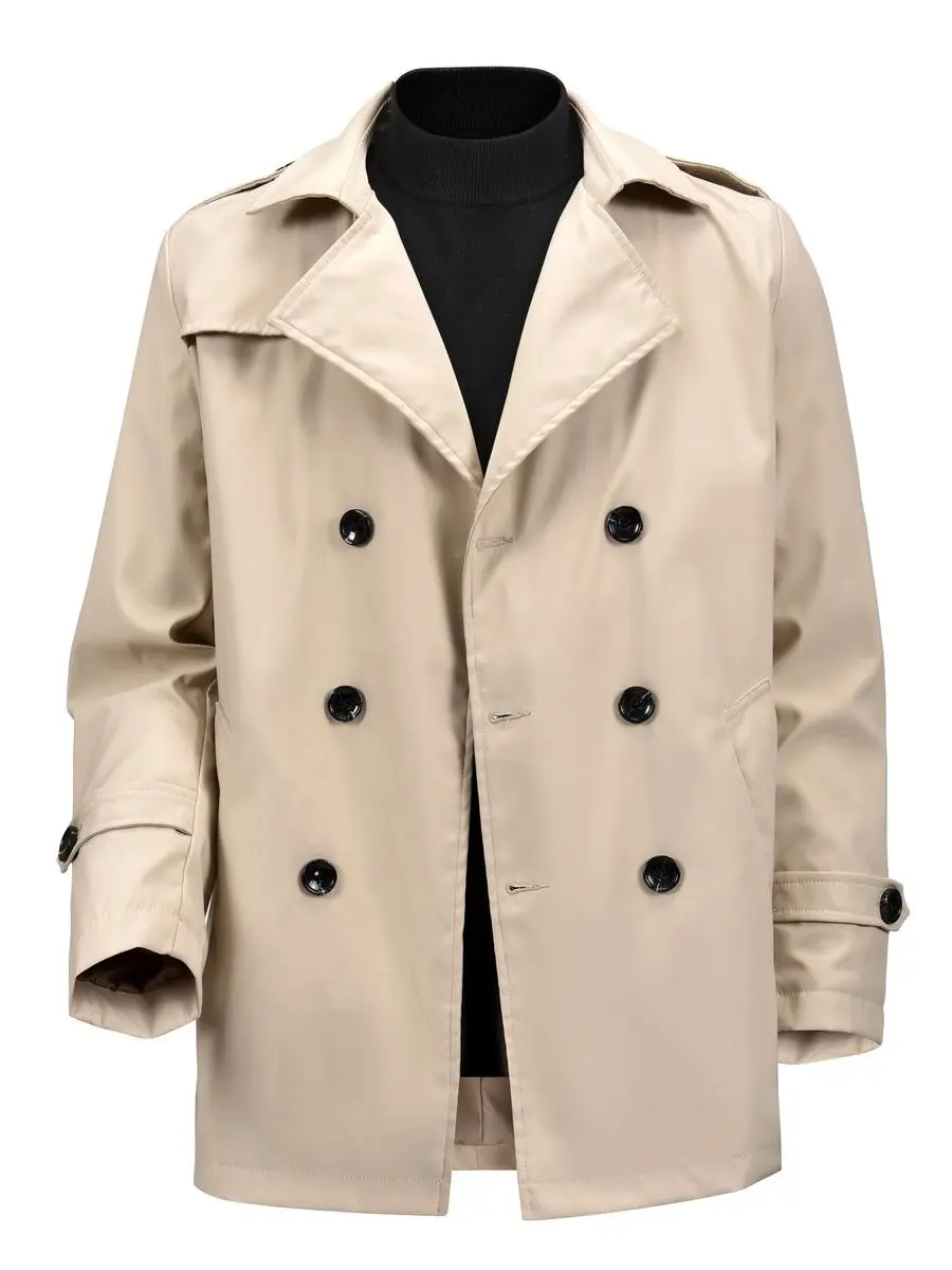 Men's Khaki Double-Breasted Lapel Short Trench Coat - Lightweight, Wrinkle-Resistant, Windproof, Breathable, Loose-Fit Classic Gentleman Outerwear for Office Commute, Daily Wear (Spring & Autumn)