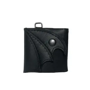Black Bat Wing Leather Wallet Holographic Vinyl Zipper Satin Lined Snap D-Ring Trifold