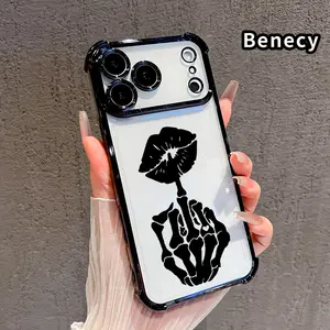 Phone Case Compatible with iPhone 17 Pro Max 16 15 Plus Air 14 13 12 11 E Skeletal Kiss Gesture Pattern Transparent Full Coverage Four Corners Anti-drop Casing Protection Cellphone