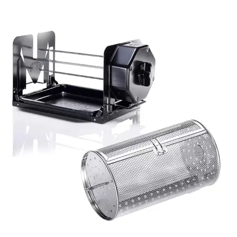 ROTO-Q 360 Cordless Rotisserie Kit + Basket Combo – Non-Electric Spit Roaster for Indoor/Outdoor BBQ Grills and Smokers