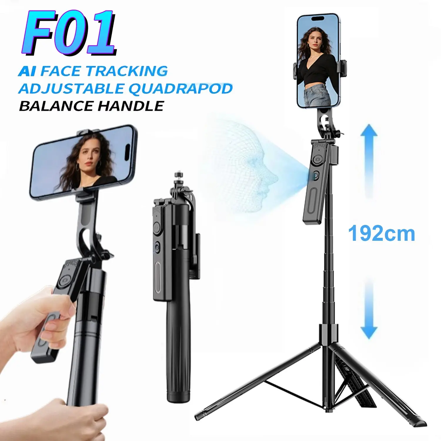 Automatic Face Tracking Tripod, 360° Rotatable, Remote Control, Compact Portable, Max Extendable Length 75.6 Inches, Smart Camera Video Vlogging