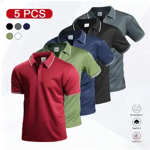 5-Piece Set Men’s Casual Short-Sleeve Polo Shirt, Quick-Dry Golf and Tennis Shirt, Comfortable Equestrian Wear, Stylish Men’s Sportswear, Suitable for Casual Parties, Holidays, Travel, Contrasting Collar and Cuff Design #SummerVibes