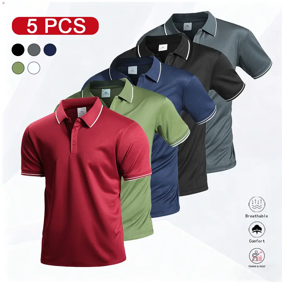 5-Piece Set Men’s Casual Short-Sleeve Polo Shirt, Quick-Dry Golf and Tennis Shirt, Comfortable Equestrian Wear, Stylish Men’s Sportswear, Suitable for Casual Parties, Holidays, Travel, Contrasting Collar and Cuff Design #SummerVibes