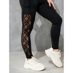 Leggings 1pc Women'S Sexy Slim Fit Polyester Yoga Pants with Contrast Lace Detail, Medium Stretch Knit Fabric, Solid Color Long Length for Spring/Summer/Fall - 90% Polyester 10% Elastane