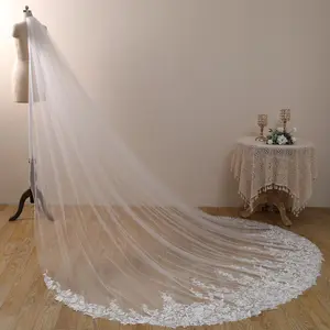 Delicate floral lace wedding veil, Single layer ivory bridal veil, Dreamy flowery lace embroidered veil, Cathedral length soft tulle wedding veil