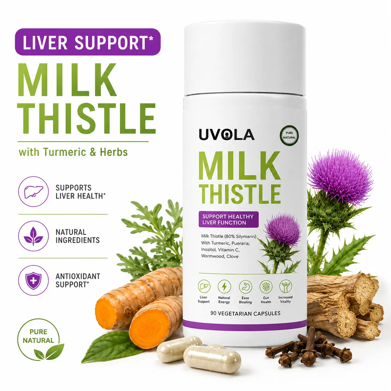 Uvola Milk Thistle 80% Silymarin, 300mg Extract, Liver & Digestive Support, Antioxidant Formula, 90 Vegan Capsules