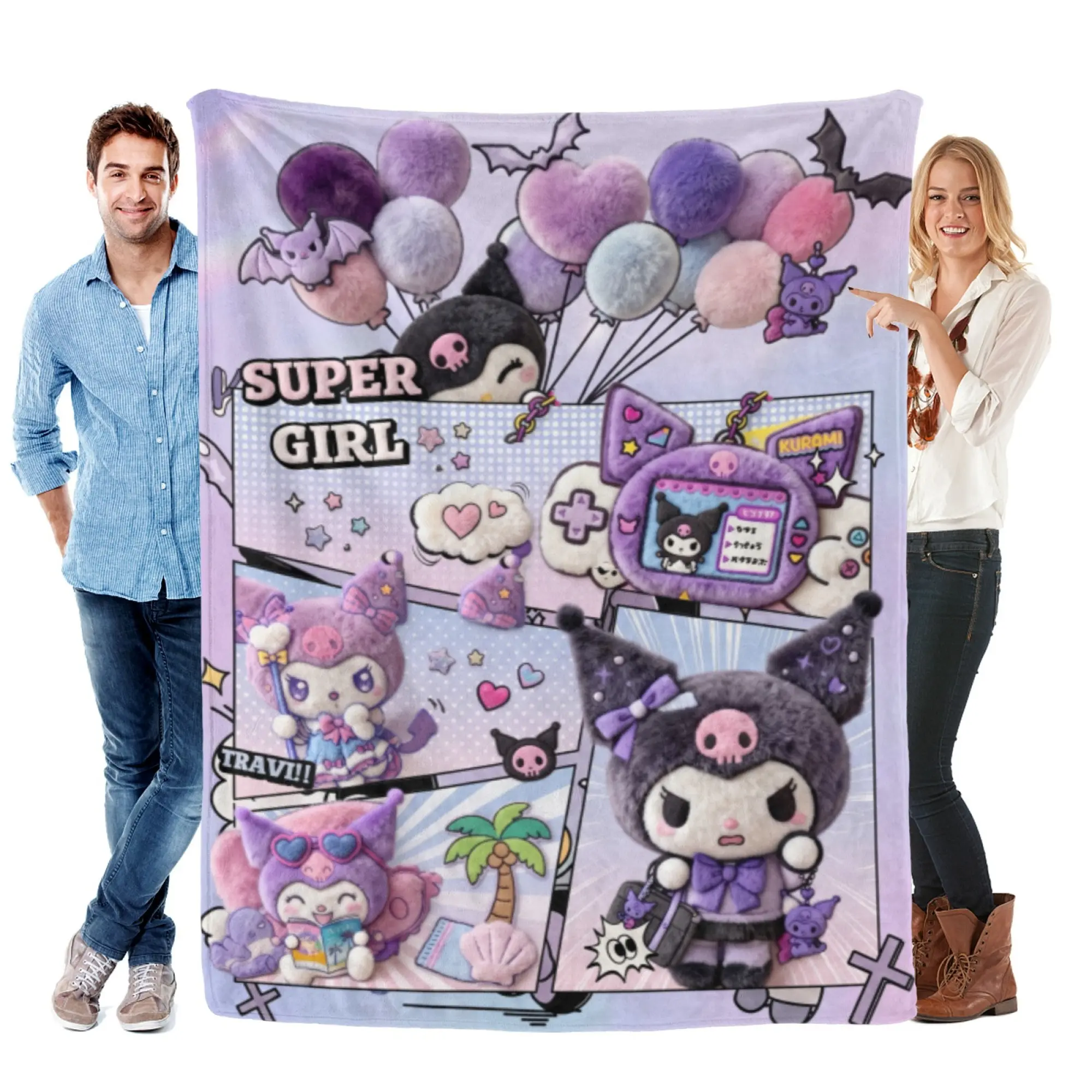 [SummerVibes] SANRIO CLASSIC Kuromi Soft Flannel Blanket, Purple "Super Girl" Comic 2D Print Cozy Throw for Home Bedroom Decor, Couch, Office Nap & Kawaii Fans