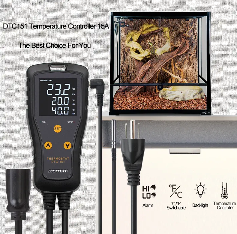 DIGITEN 110V 15A Temperature Controller DTC151 Plug in Thermostat Outlet Digital Temperature Controller for Heat Mat Reptile Greenhouse Aquarium, Heating/Cooling Mode