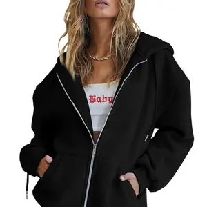 Women's Zip-Up Hoodie with Pockets Comfortable Casual Pullover with Drawstring Classic Streetwear Style in Polyester Fabric