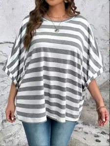 Women's Fashion Plus Size Elegant Striped Print Round Neck, Loose Knit Short Sleeve Top, Comfortable and Stylish Casual Wear