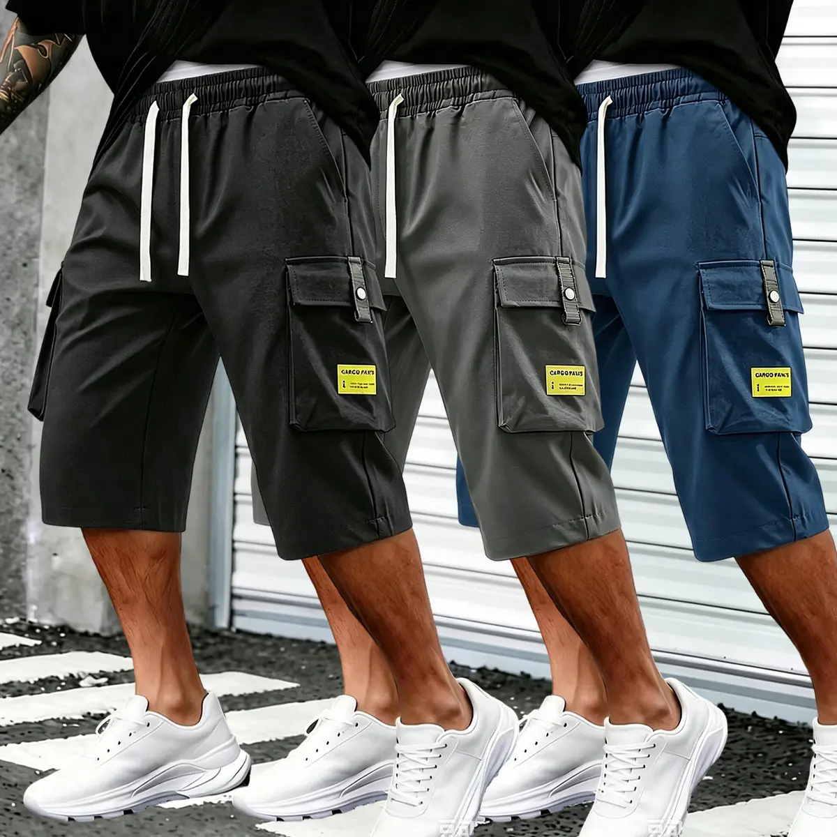 Men’s Plain Cargo Capri Shorts – Relaxed fit, casual streetwear, multiple pockets, 3/4 length, comfortable, stylish, ideal for everyday wear, cargo-style shorts