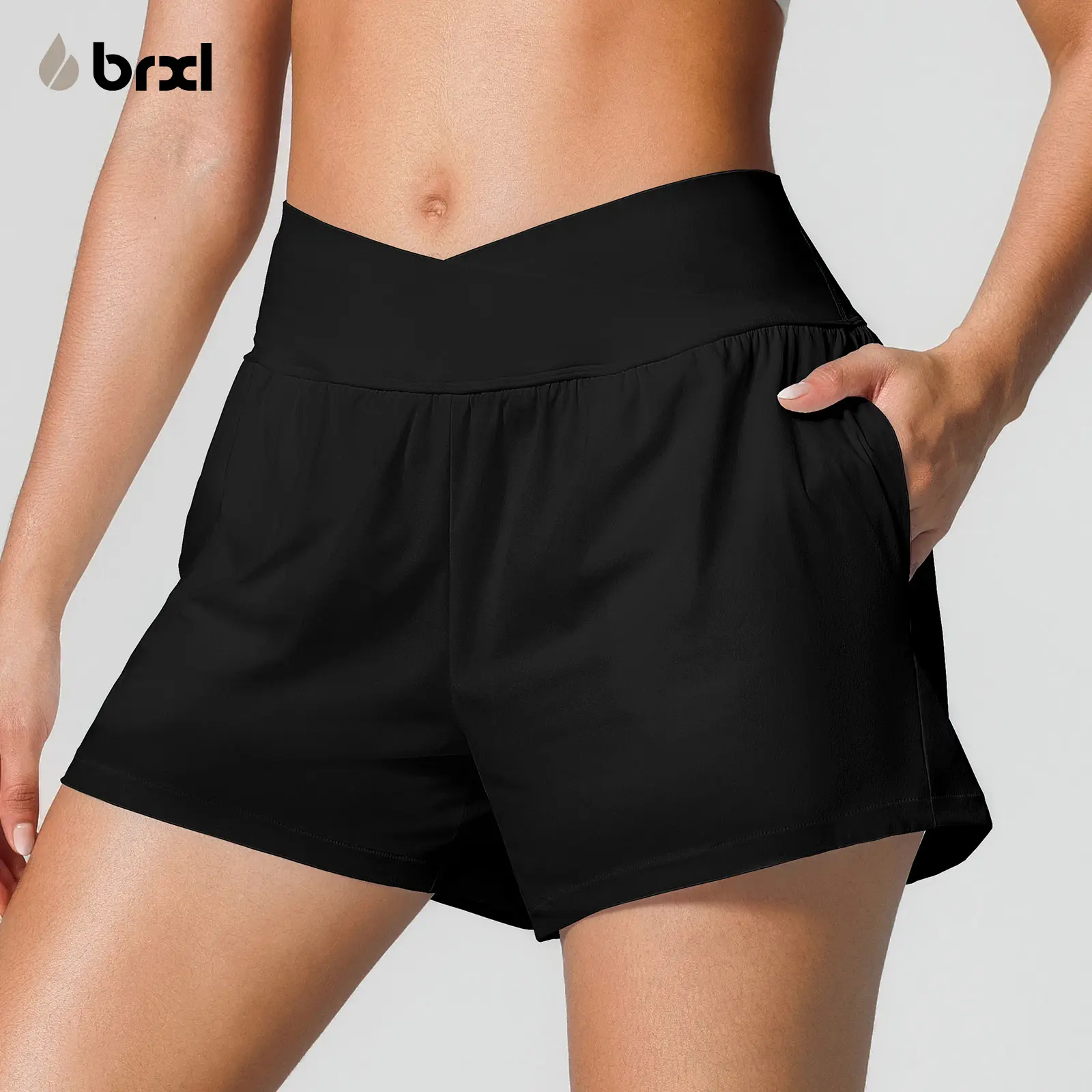 BRXL Women's Plain Athleisure Shorts, 2-in-1 Flowy Skort with Ruffle Hem Design, Crossover Waist and Pockets, Quick-Dry Spandex for Running & Gym