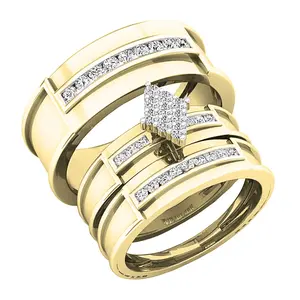Dazzlingrock Collection 0.50 ctw. Round White Diamond Cluster Bridal Trio Ring Set for Him & Her in 10K Solid Yellow Gold, Women size 5.5 and Men size 8